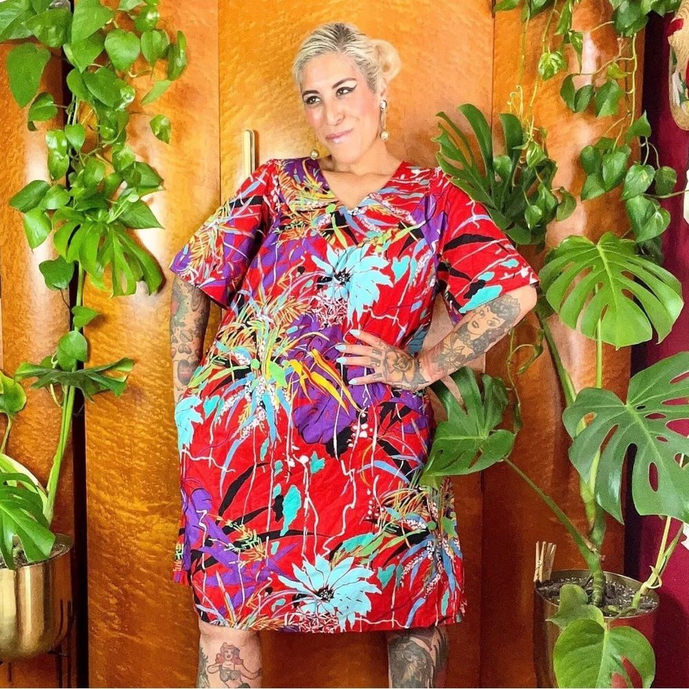 SEARS ROEBUCK 60’s 60s Vintage 70s DEADSTOCK Polished Cotton Hawaiian Dress L XL - Picture 8 of 9